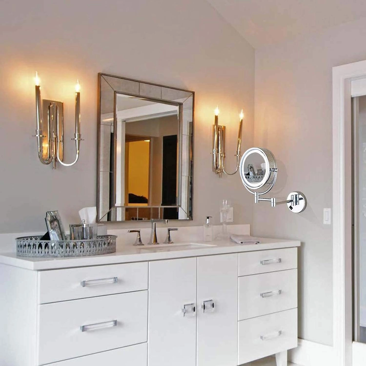 8" LED Wall Mounted Makeup Mirror, 360° Swivel Extendable Cosmetic Vanity Mirror for Bathroom, Double Sided 1X/3X/5x/7x/10x Magnifying Vanity Mirror, Chrome Finish(Nickel,10X)