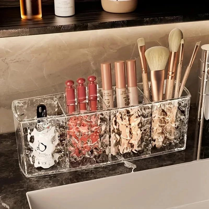 Acrylic 4-Grid Makeup Brush Storage Box, Bathroom Dressing Table Storage Box, can Store Makeup Brushes, Eyebrow Pencils, Lipsticks, Surface Water Ripple Design(Transparent)