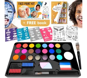 ADIS&GUYS Face Painting Kits for Kids 107-Piece Set with 20 Water-Based Colors, Hair Chalk, 40 Stencils, Brushes, and Quick-Dry, Non-Toxic Makeup for Sensitive Skin, Face Paint for Parties and Gifts.