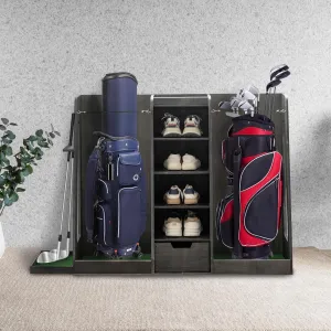 Advanced Wooden Golf Bag Organizer and Storage Rack - can accommodate 2 Golf Bags and 3-5 Golf Clubs/Hockey Sticks, Golf Balls, Inside and Outside The Garage shed Basement