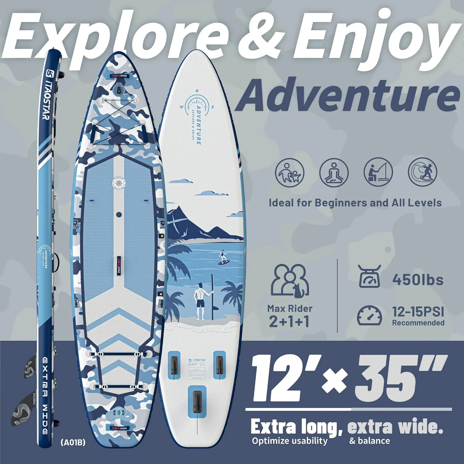 Adventure 12’×35"/39" Extra Wide Paddle Board, One-Stop Premium SUP Board Accessories, Tailored 5 Fins, Stable Inflatable Stand Up Paddle Boards for Youth/Adults of All Skill Levels