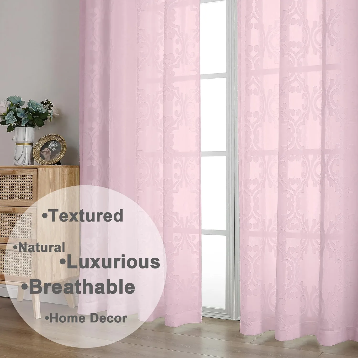 Aiyufeng Sheer Curtains 72 Inches Long for Living Room, 3D Floral Blush Clip Jacquard Transparent Light Weight Sheer Girl Curtains for Bedroom, Rod Pocket Window Curtains 2 Panel Set, 54Wx72L Inch