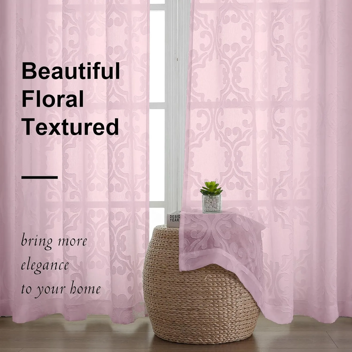 Aiyufeng Sheer Curtains 72 Inches Long for Living Room, 3D Floral Blush Clip Jacquard Transparent Light Weight Sheer Girl Curtains for Bedroom, Rod Pocket Window Curtains 2 Panel Set, 54Wx72L Inch