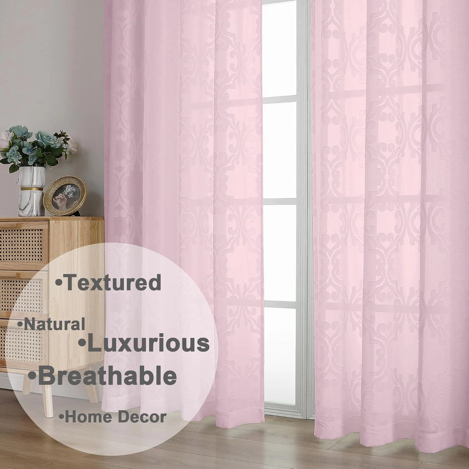 Aiyufeng Blush Pink Sheer Curtains 96 Inches Long for Living Room 2 Panels Set, Soft Lightweight & Breathable Elegant Clip Jacquard Floral Semi Sheer Long Curtains for Bedroom, Each 54Wx96L Inch