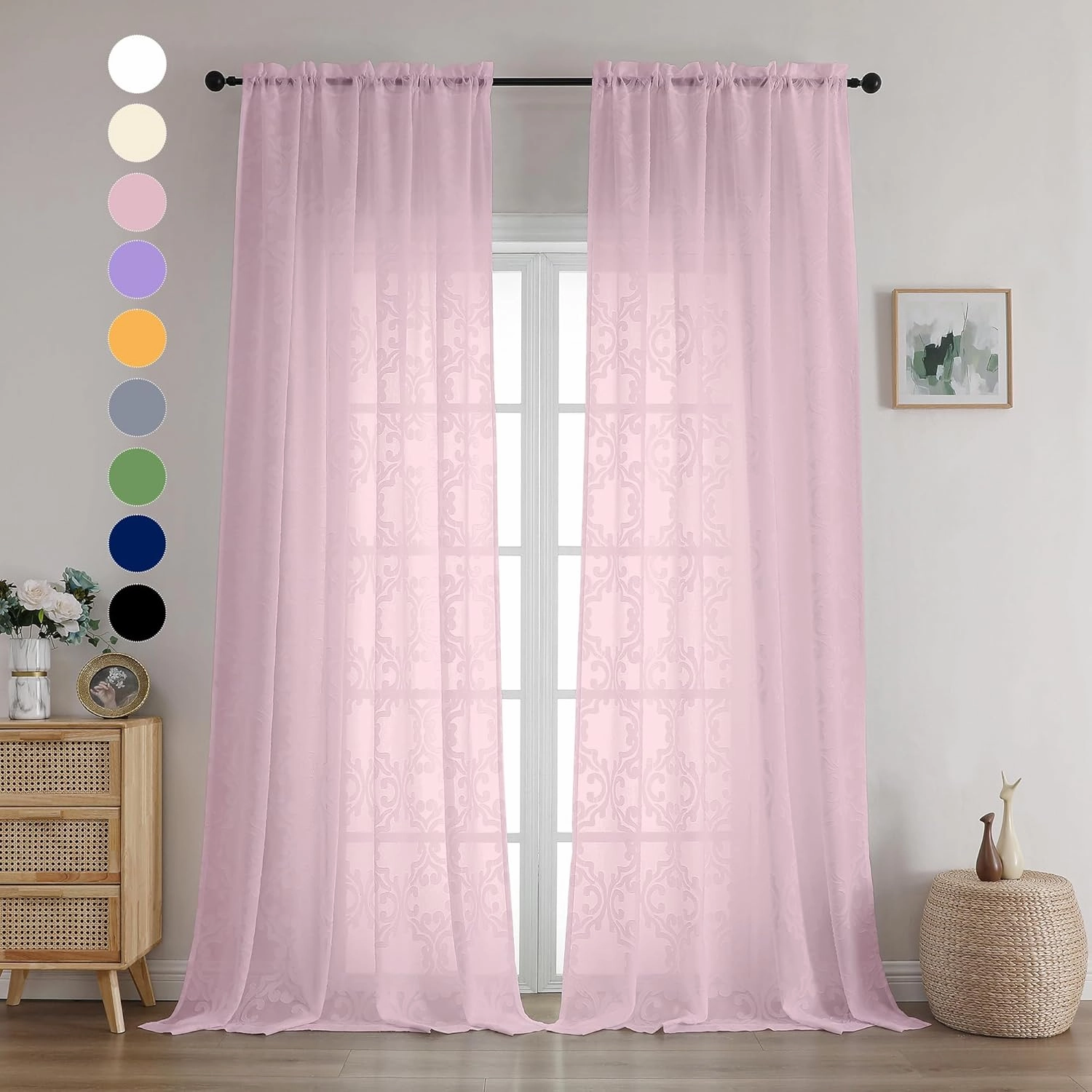 Aiyufeng Blush Pink Sheer Curtains 96 Inches Long for Living Room 2 Panels Set, Soft Lightweight & Breathable Elegant Clip Jacquard Floral Semi Sheer Long Curtains for Bedroom, Each 54Wx96L Inch