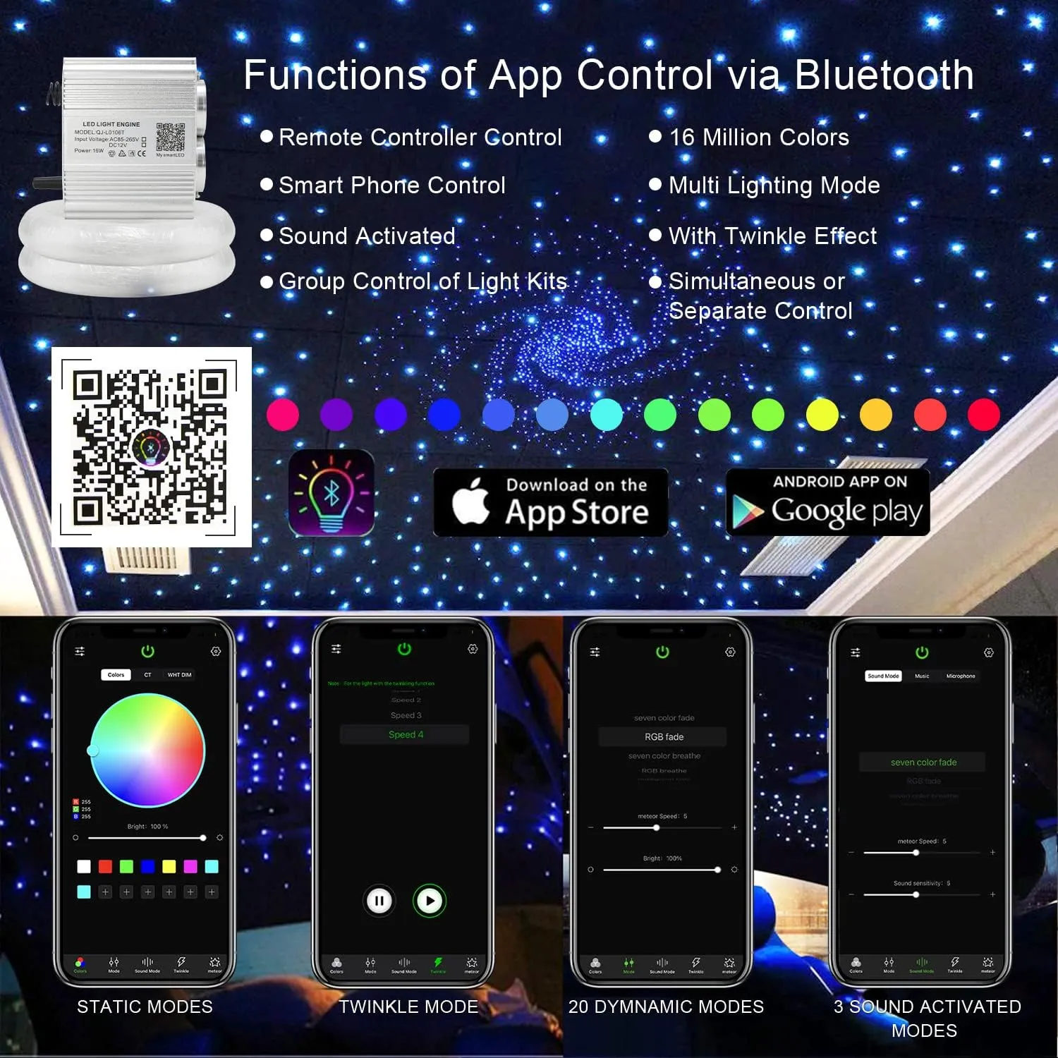 AKEPO Upgraded Car Home APP Fiber Optic Lights Kit 16W RGBW Dual Head Twinkle and Music Effect Star Ceiling Sky Light, Optical Fiber Cable 900 Strands of 0.03in/0.75mm 9.8ft/3m 28key RF Remote Control