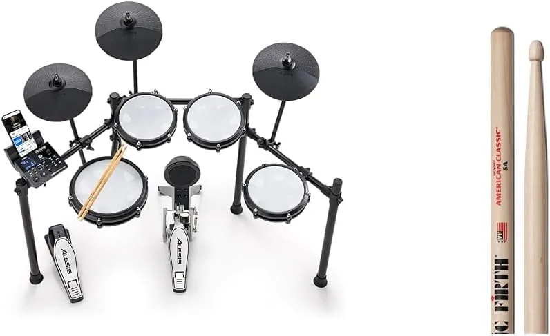 Alesis Nitro Max Kit Electric Drum Set with Quiet Mesh Pads, 10" Dual Zone Snare, Bluetooth, 440  Sounds, Drumeo, USB MIDI, Kick Pedal   Vic Firth American Classic 5A Drum Sticks