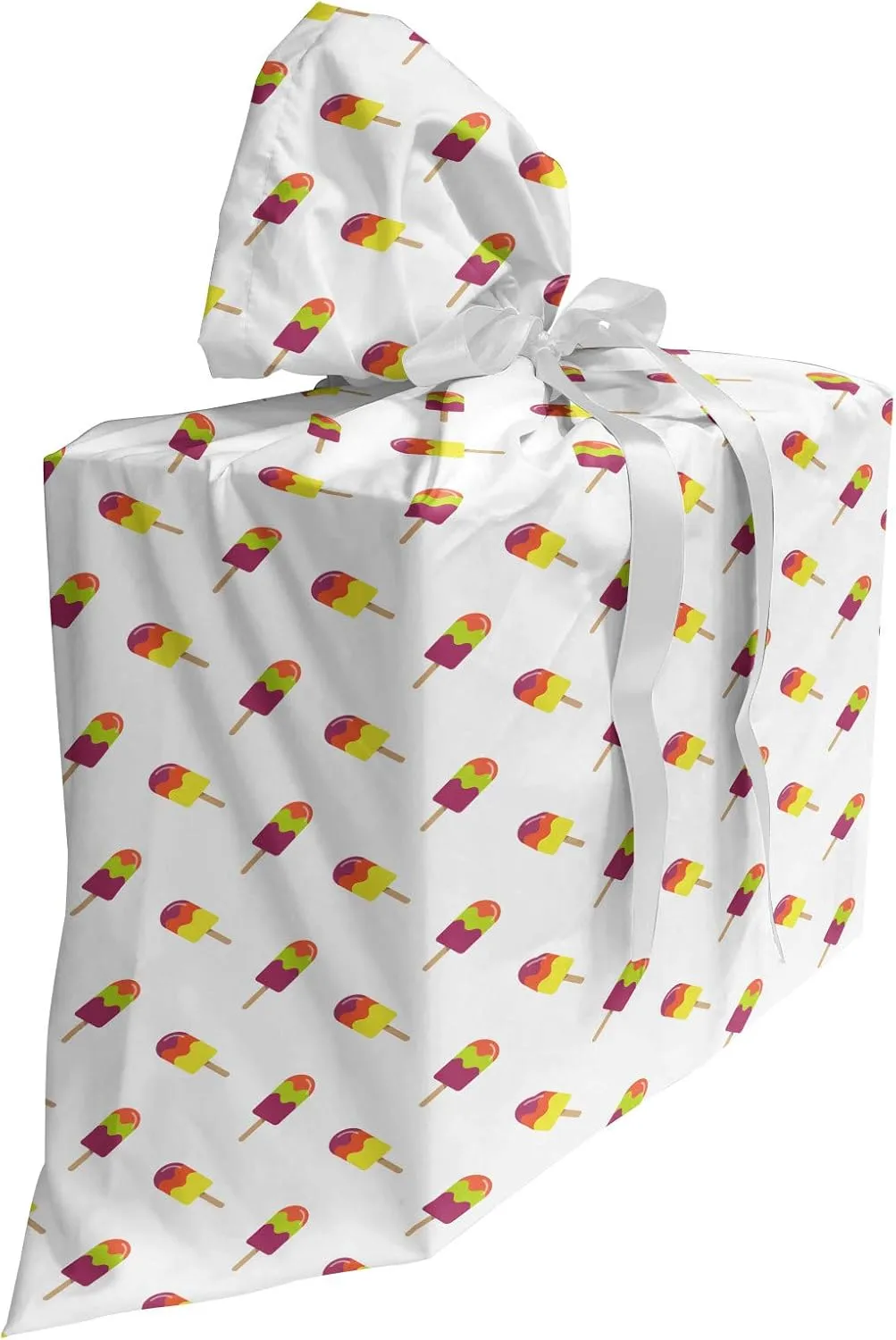 Ambesonne Ice Cream Gift Bag, Colorful Summer Snacks on Sticks Sugary and Refreshing Taste Diagonal Pattern, Fabric Party Favor Pouch with 3 Ribbons, 27, Multicolor