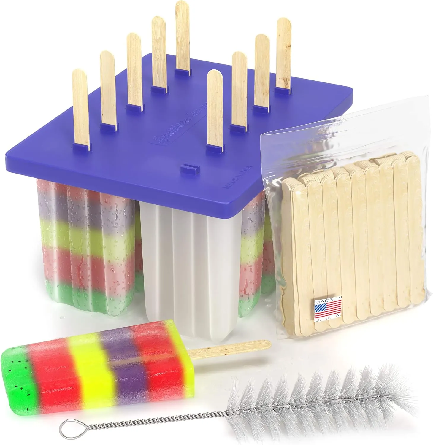 American Ice Pop Maker - Frozen Popsicle Mold - Set of 10 BPA Free Plastic Molds   50 Wood Sticks & Cleaning Brush (Classic-10   200 Sticks, Blue)