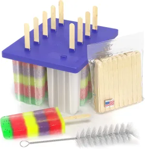 American Ice Pop Maker - Frozen Popsicle Mold - Set of 10 BPA Free Plastic Molds   50 Wood Sticks & Cleaning Brush (Classic-10   200 Sticks, Blue)