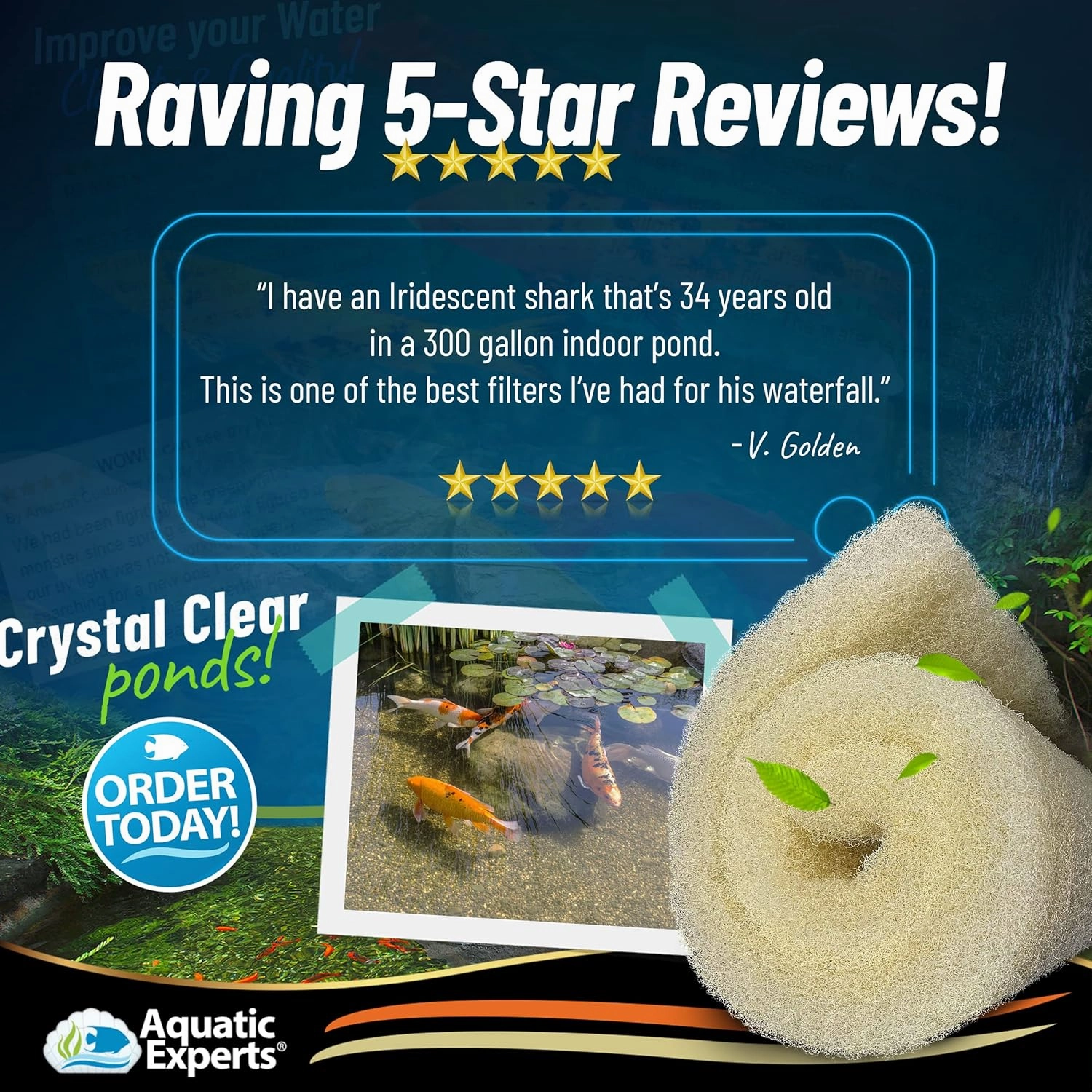 Aquatic Experts Cream COARSE Pond Filter Pad - 2 inch Thick - Bulk Roll Water Garden Filter Pond Media - Made in USA, (12" x 36")
