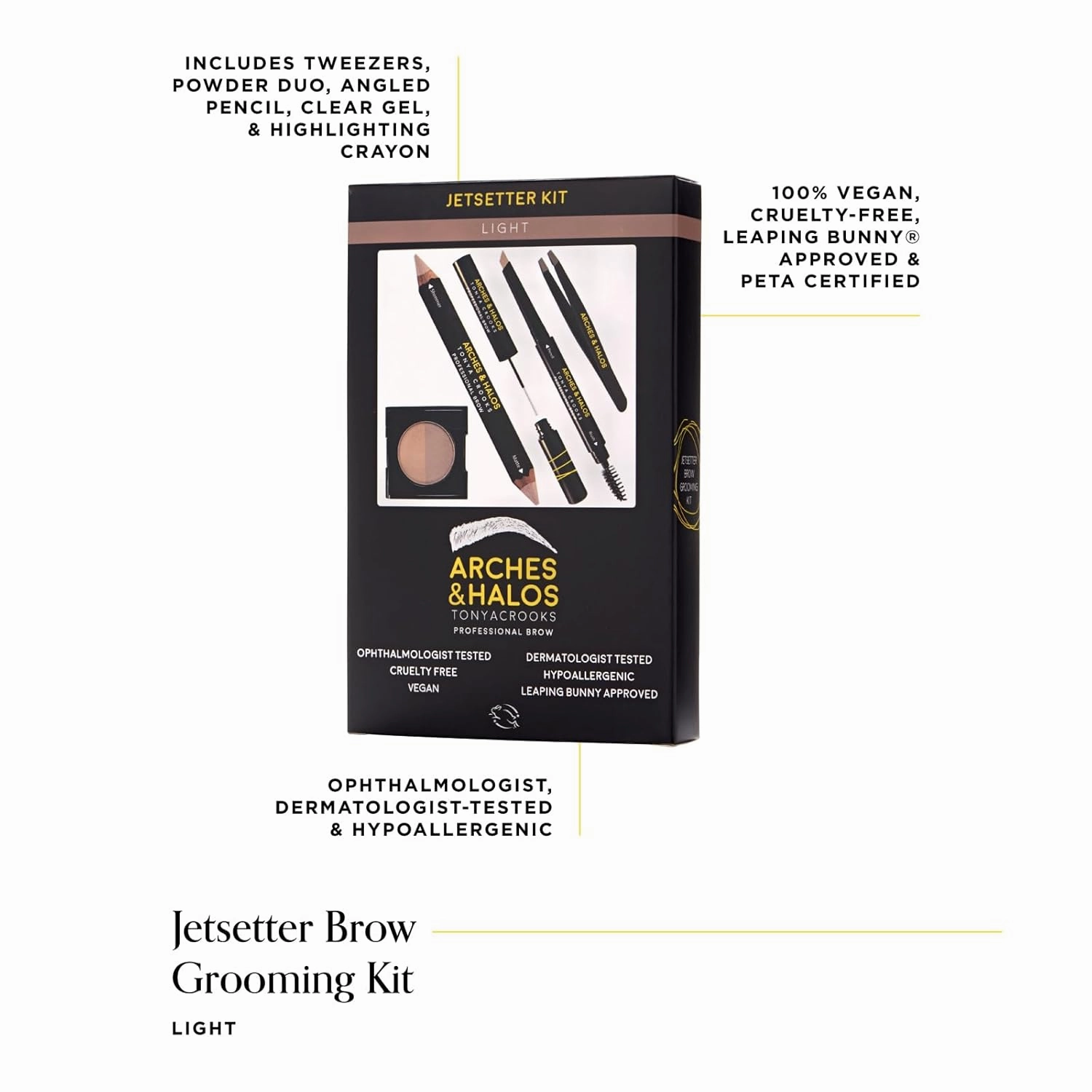Arches & Halos Jetsetter Kit - Travel Size Kit for Flawless Brow Shaping and Grooming On the Go - Includes Five Essential Eyebrow Care Tools - Professional Grade Formulas and Design - Light - 1 pc