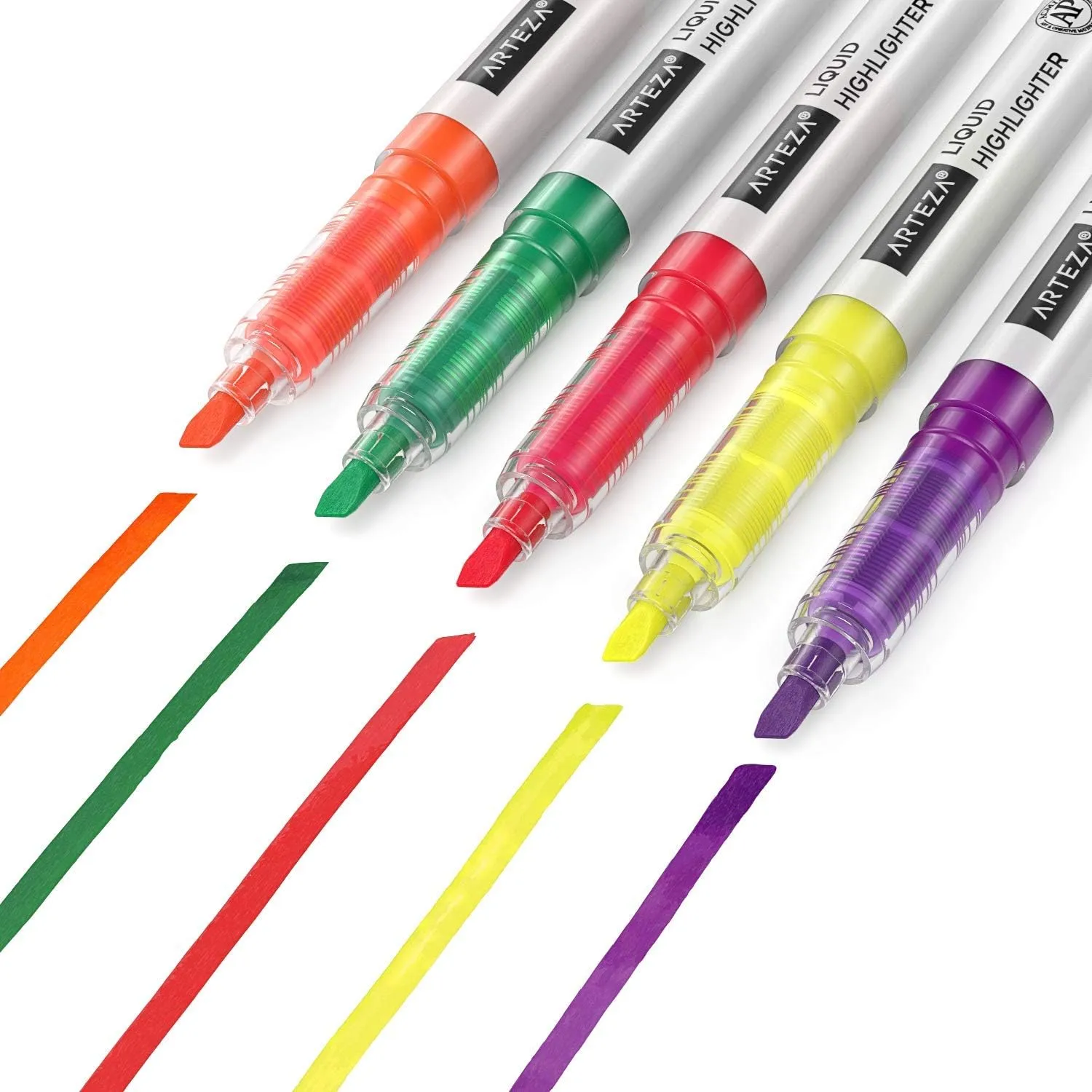 ARTEZA Liquid Highlighter Pens, Set of 30, Narrow Chisel Tip, 5 Assorted Colors