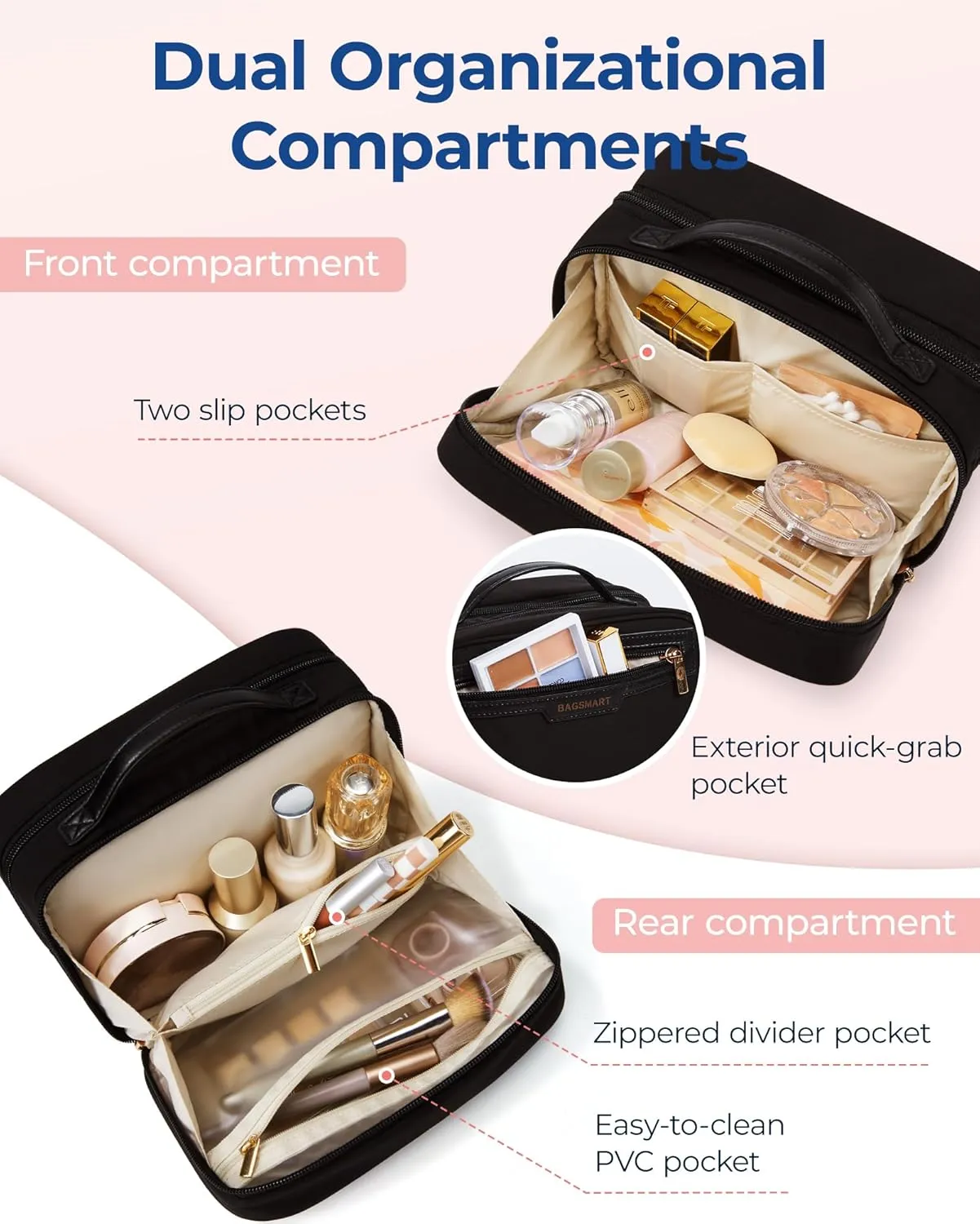 BAGSMART Toiletry Bag for Women, Travel Makeup Bag Organizer, Wide-open Make Up Bag Cosmetic Bags for Women for Travel Essentials Toiletries Accessories Bottles, Brushes, Black