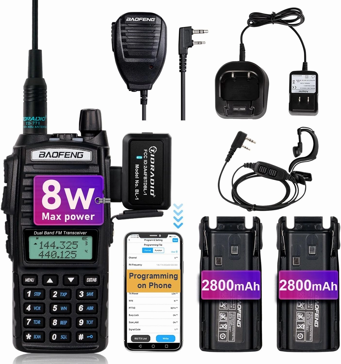 Baofeng UV-82 Baofeng Radio High Power Ham Radio Handheld with Wireless Programmer,Walkie Talkies with Earpiece, Extra 2800mAh Battery Hand Speaker Mic, Long Range Two-Way Radio (1 Pack-Full Kits)