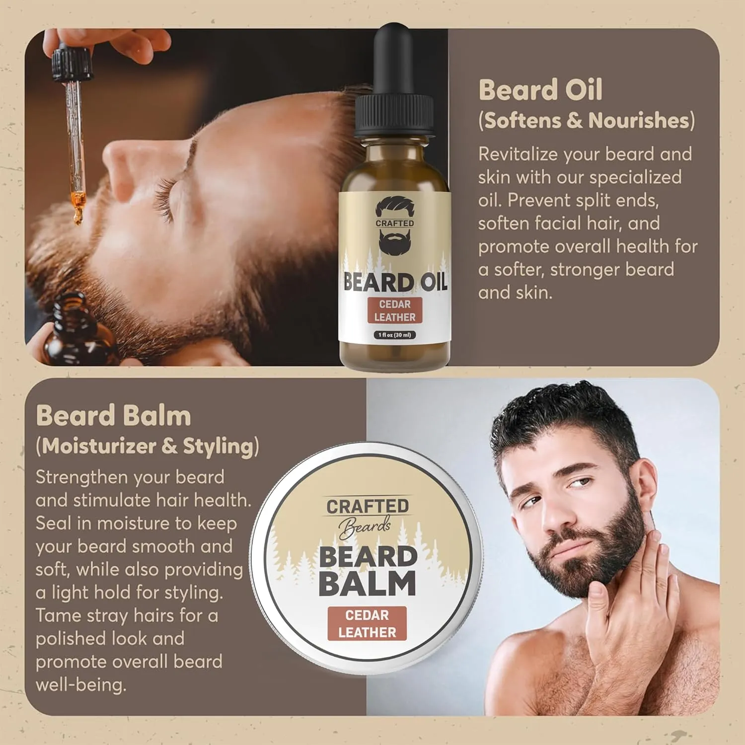 Beard Oil and Balm Set - Softer, Smoother, Moisturized Beard Care - Cedarwood Scent Gift for Men