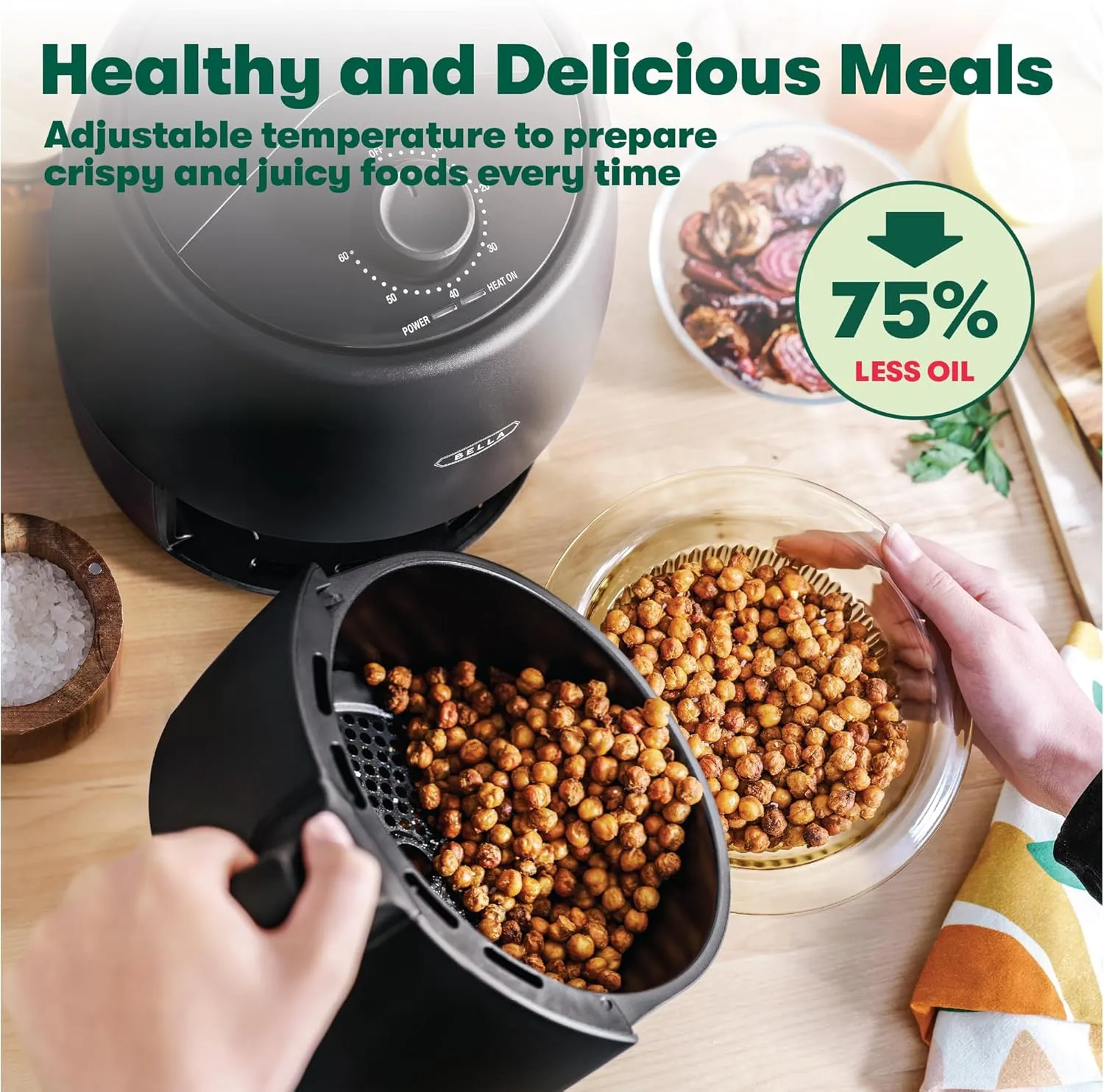 BELLA 2 qt Manual Air Fryer Oven and 5-in-1 Multicooker with Removable Nonstick and Dishwasher Safe Crisping Tray and Basket, 1200 Watt Heating System, Matte Black