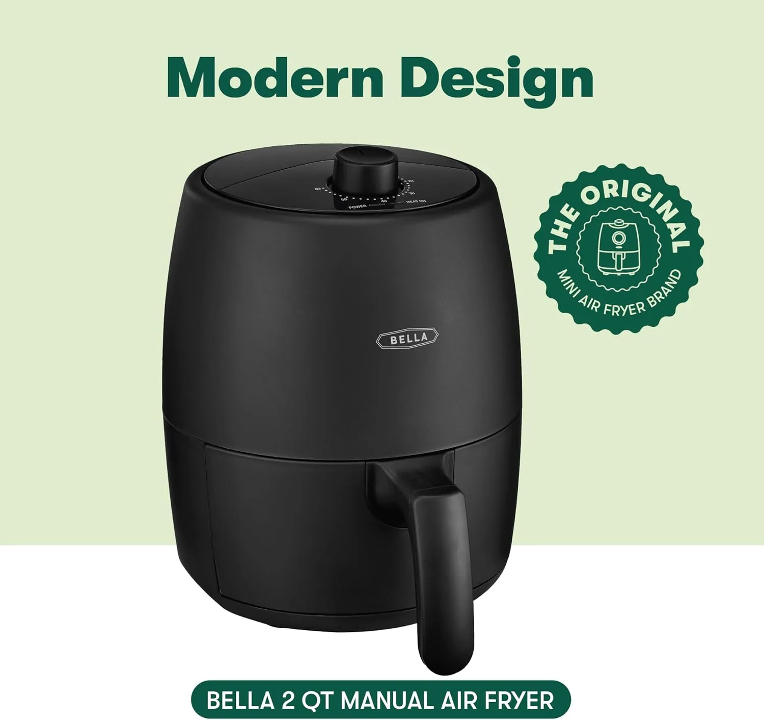 BELLA 2 qt Manual Air Fryer Oven and 5-in-1 Multicooker with Removable Nonstick and Dishwasher Safe Crisping Tray and Basket, 1200 Watt Heating System, Matte Black