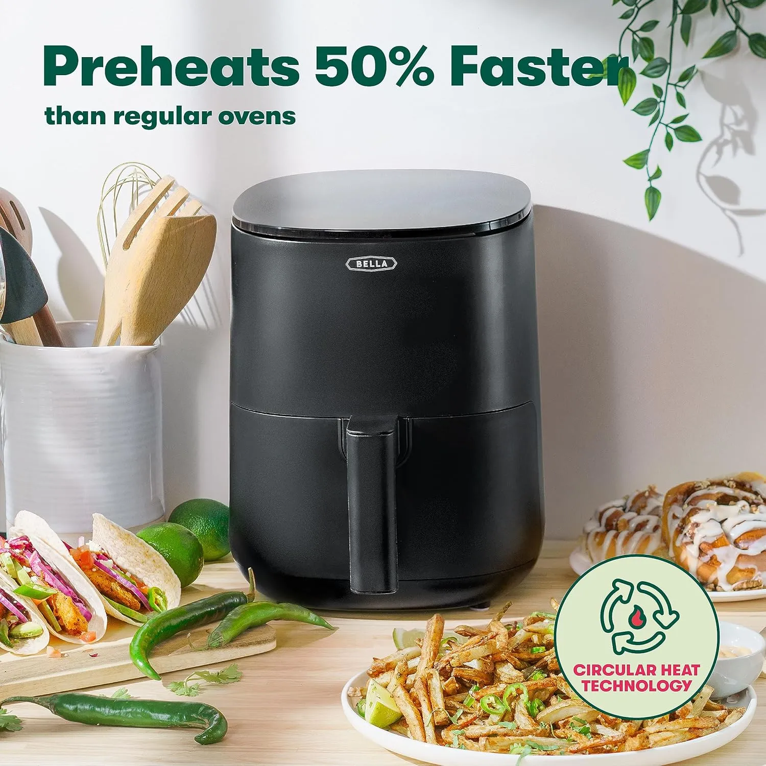 BELLA 3 Qt Touchscreen Air Fryer Oven and 5-in-1 Multicooker with Removable NonstickDishwasher Safe Crisping Tray and Basket, 1400 Watt Heating System, Matte Black