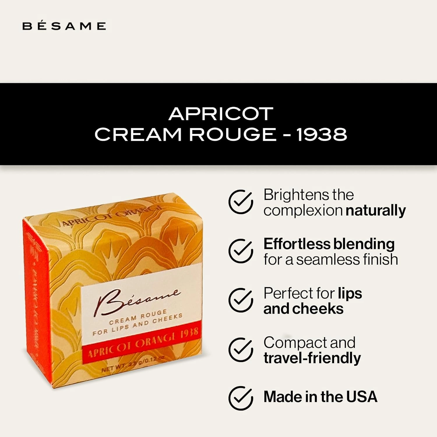 Besame Cosmetics | Apricot Cream Rouge - 1938 | Cream Blush for Cheeks   Lips with Long Wearing Matte Finish | Vintage Makeup in Reusable Tin | 2-in-1 Lip and Cheek Tint | Vegan Makeup Blush