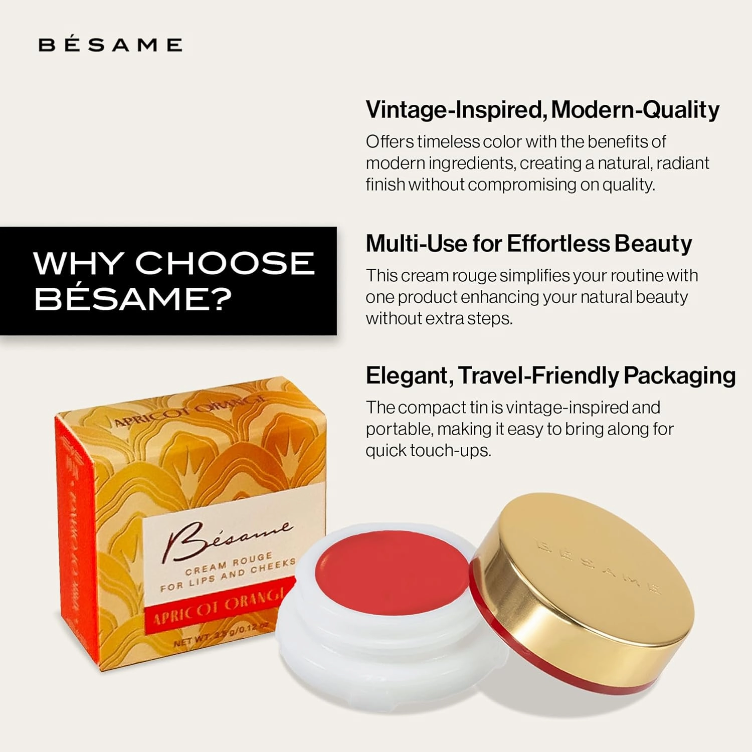 Besame Cosmetics | Apricot Cream Rouge - 1938 | Cream Blush for Cheeks   Lips with Long Wearing Matte Finish | Vintage Makeup in Reusable Tin | 2-in-1 Lip and Cheek Tint | Vegan Makeup Blush