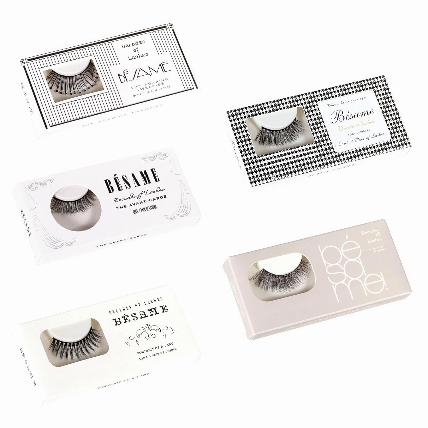 BESAME Decade of Eye Lashes Pack – 5 Boxes of Vintage-Inspired Natural False Lashes from the 1920s to 1960s, Vegan, Cruelty-Free, Lightweight, Easy to Apply Lash Kit with 2 Pairs Per Box
