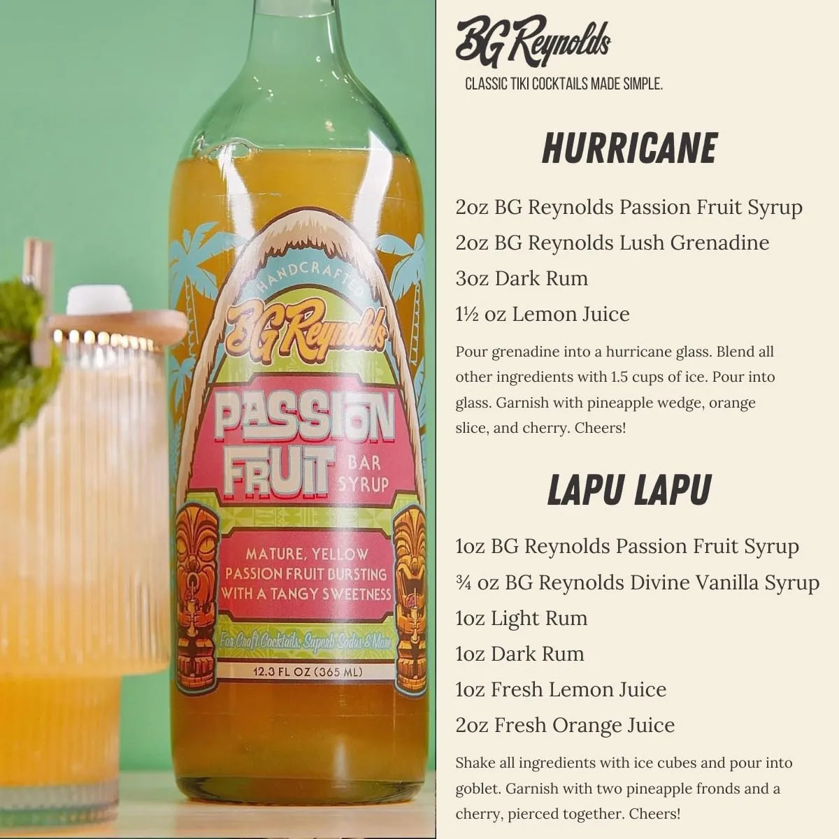 BG Reynolds Natural Tiki Cocktail Cane Syrup, Passion Fruit, 375 ml, Packaging May Vary