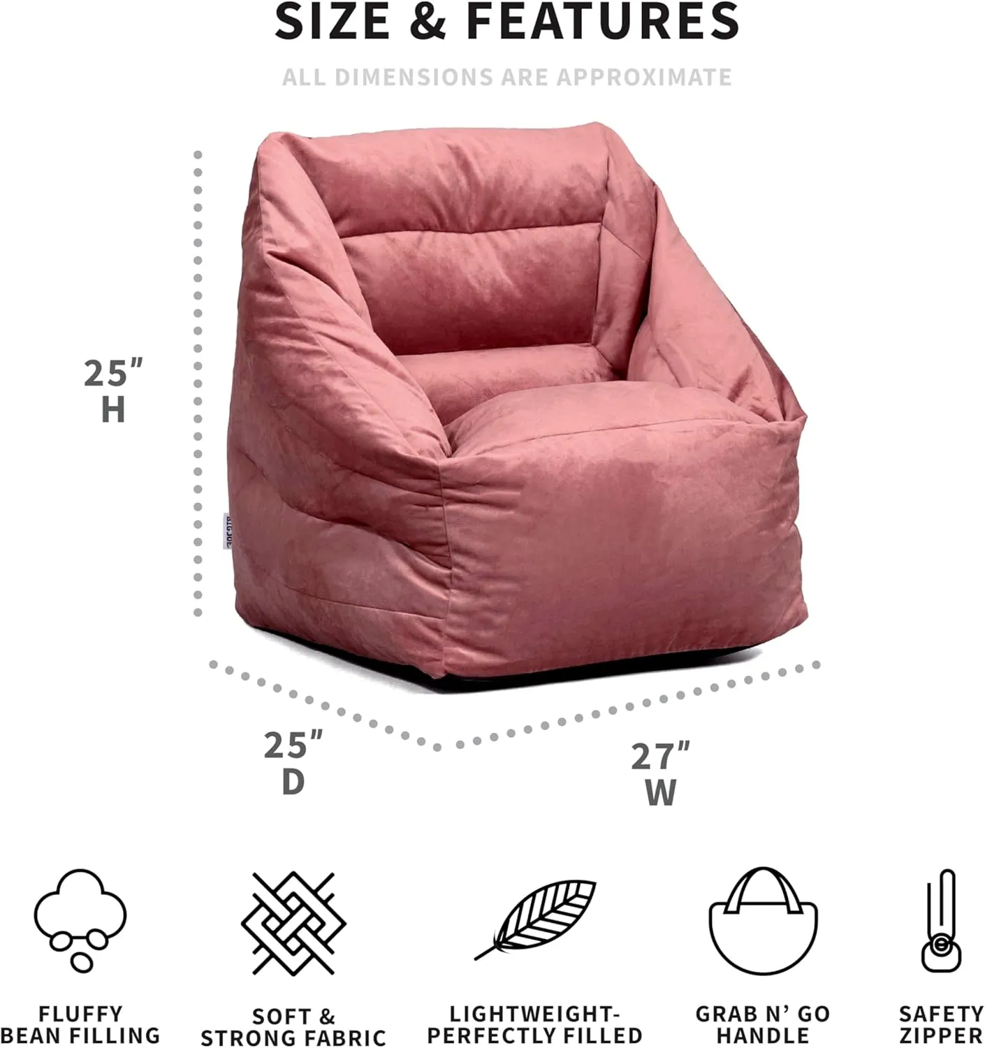 Big Joe Aurora Bean Bag Chair and Pouf Bundle, Toasted Mauve Velvet, Soft Polyester, 2.2 feet