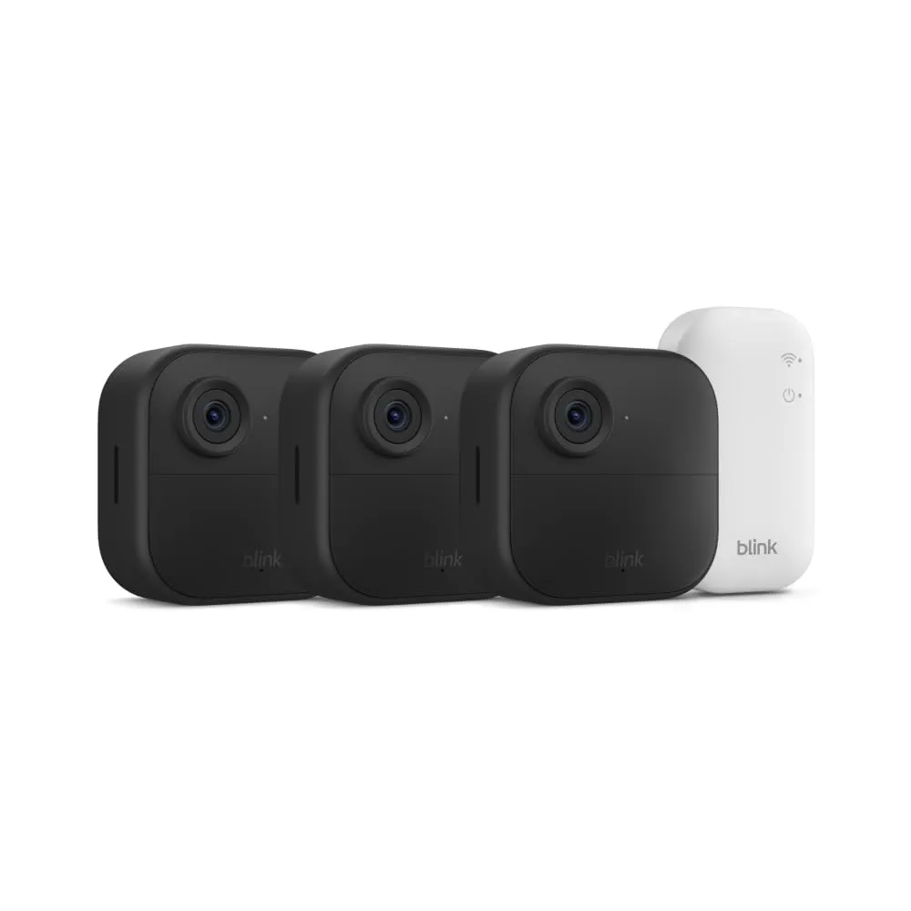 Blink Outdoor 4 (newest model) – Wireless smart security camera, two-year battery life, 1080p HD day and infrared night live view, two-way talk. Sync Module Core included – 3 camera system
