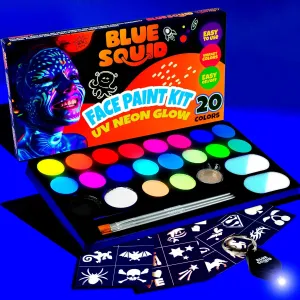 Blue Squid Face Painting Kit for Kids – UV Neon Glow Colors Ultimate Face Paint Kit, Stencils, Book - Safe for Sensitive Skin, Non Toxic Face Painting Professional - Kids Party, Glow in the Dark