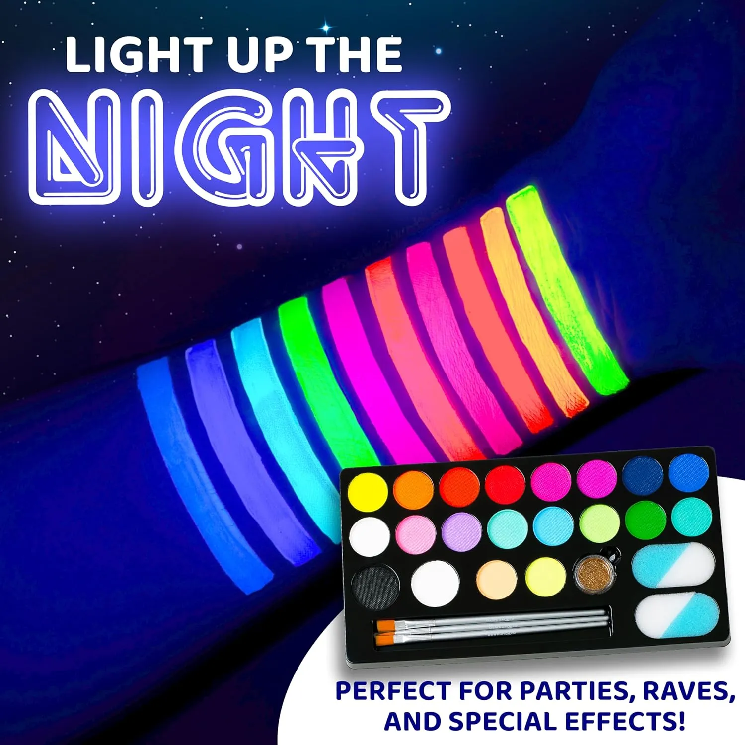 Blue Squid Face Painting Kit for Kids – UV Neon Glow Colors Ultimate Face Paint Kit, Stencils, Book - Safe for Sensitive Skin, Non Toxic Face Painting Professional - Kids Party, Glow in the Dark