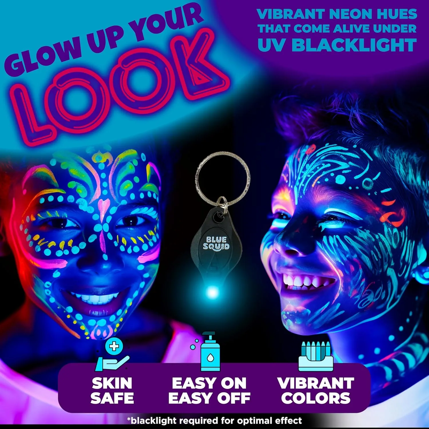 Blue Squid Face Painting Kit for Kids – UV Neon Glow Colors Ultimate Face Paint Kit, Stencils, Book - Safe for Sensitive Skin, Non Toxic Face Painting Professional - Kids Party, Glow in the Dark