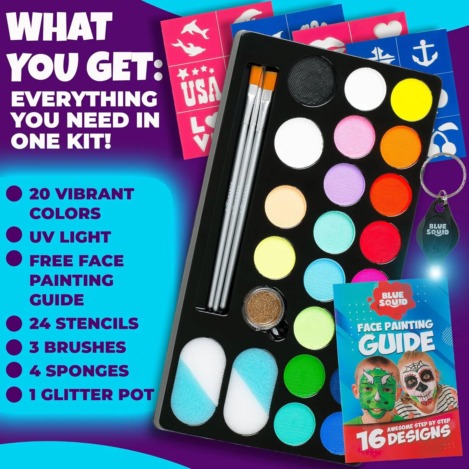Blue Squid Face Painting Kit for Kids – UV Neon Glow Colors Ultimate Face Paint Kit, Stencils, Book - Safe for Sensitive Skin, Non Toxic Face Painting Professional - Kids Party, Glow in the Dark