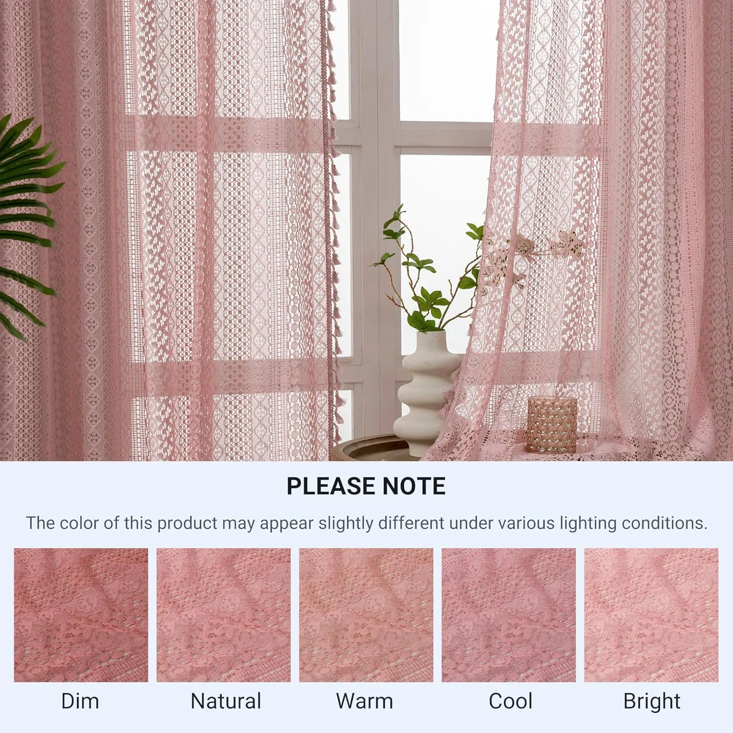 Blush Pink Curtains 2 Panels 84 Inches Long Cotton Crochet Lace Sheer Curtain Cute Soft Baby Pink Curtains for Girls Room Nursery Living Room,Rod Pocket Tassel Semi Sheer Drapes,Dusty Grey Pink