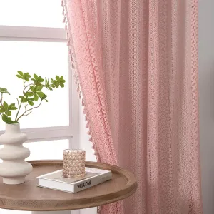Blush Pink Curtains 2 Panels 84 Inches Long Cotton Crochet Lace Sheer Curtain Cute Soft Baby Pink Curtains for Girls Room Nursery Living Room,Rod Pocket Tassel Semi Sheer Drapes,Dusty Grey Pink