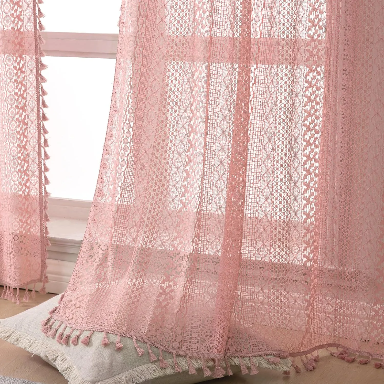 Blush Pink Curtains 2 Panels 84 Inches Long Cotton Crochet Lace Sheer Curtain Cute Soft Baby Pink Curtains for Girls Room Nursery Living Room,Rod Pocket Tassel Semi Sheer Drapes,Dusty Grey Pink