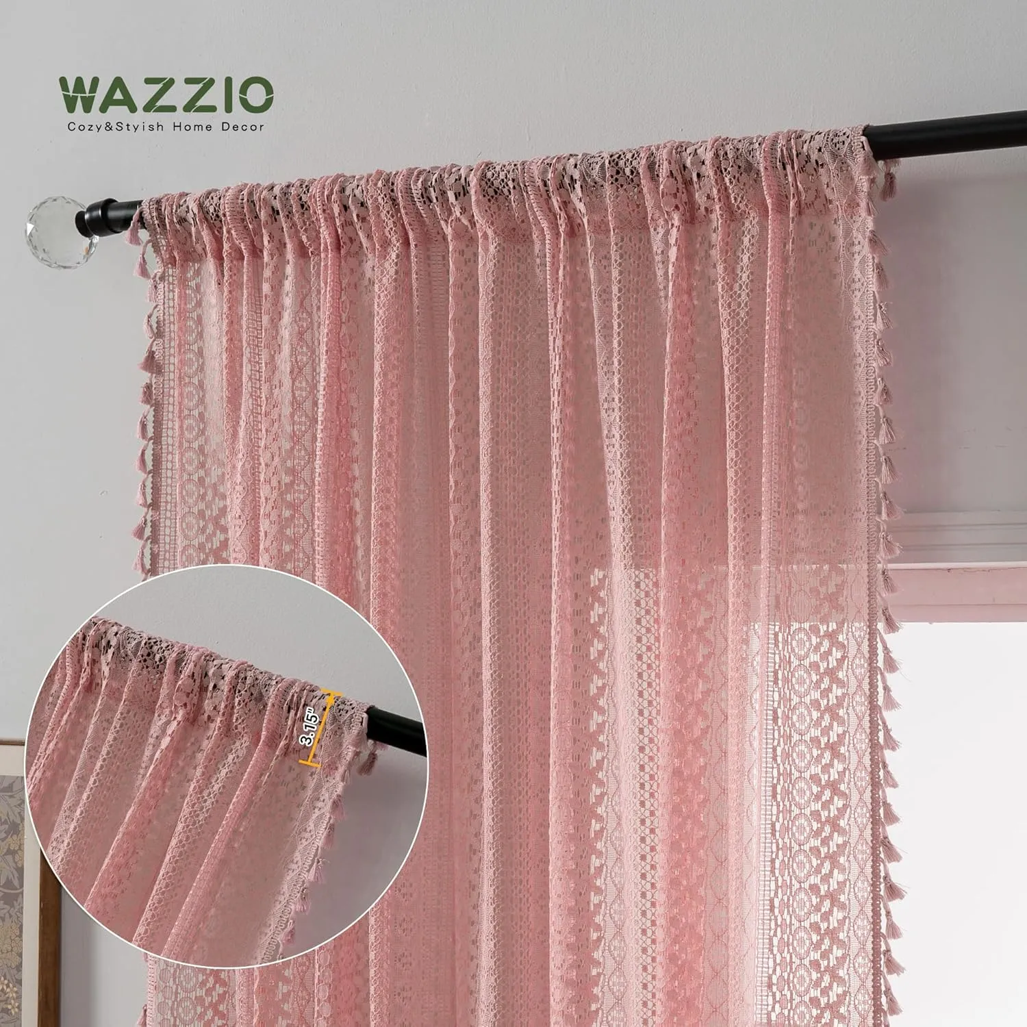 Blush Pink Curtains 2 Panels 84 Inches Long Cotton Crochet Lace Sheer Curtain Cute Soft Baby Pink Curtains for Girls Room Nursery Living Room,Rod Pocket Tassel Semi Sheer Drapes,Dusty Grey Pink