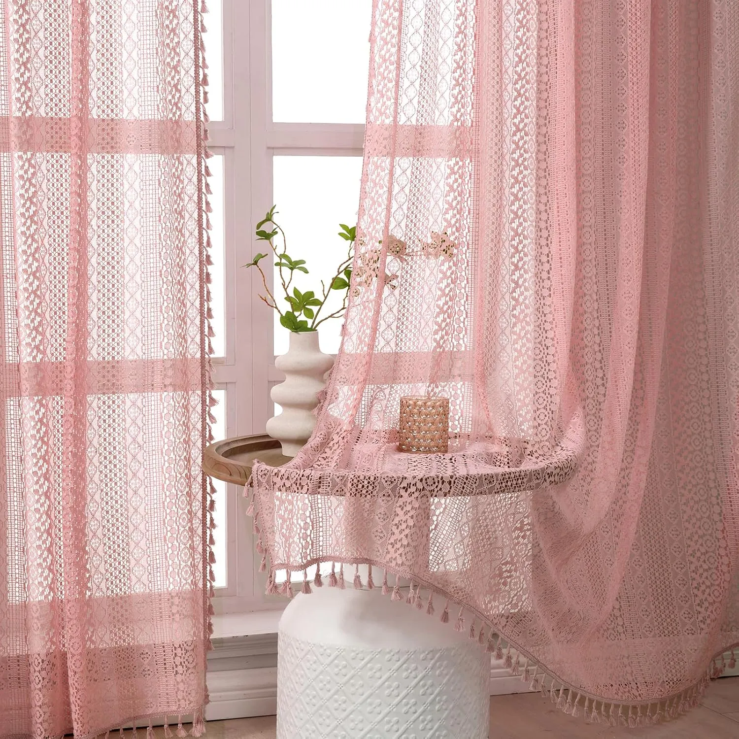 Blush Pink Curtains 2 Panels 84 Inches Long Cotton Crochet Lace Sheer Curtain Cute Soft Baby Pink Curtains for Girls Room Nursery Living Room,Rod Pocket Tassel Semi Sheer Drapes,Dusty Grey Pink