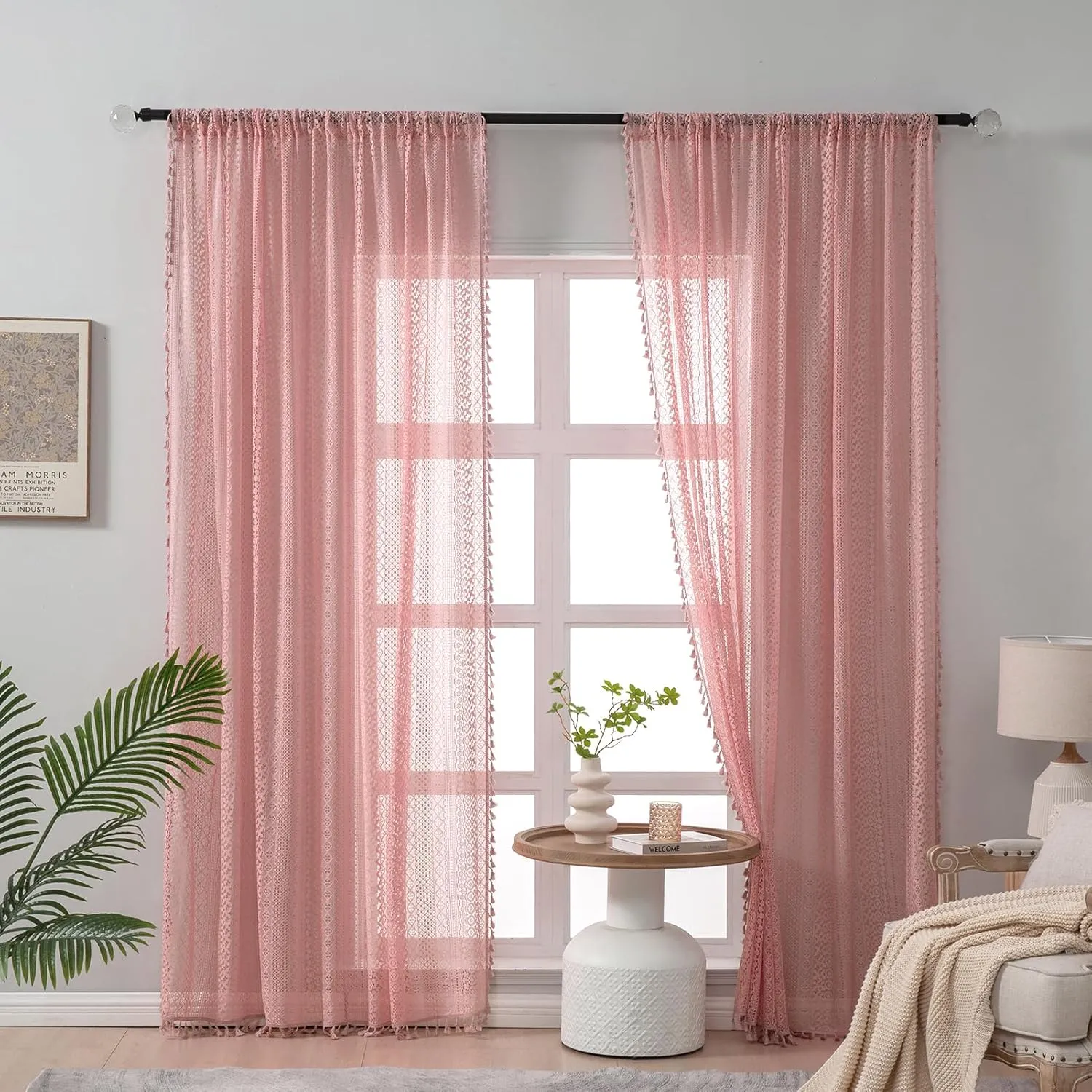 Blush Pink Curtains 2 Panels 84 Inches Long Cotton Crochet Lace Sheer Curtain Cute Soft Baby Pink Curtains for Girls Room Nursery Living Room,Rod Pocket Tassel Semi Sheer Drapes,Dusty Grey Pink