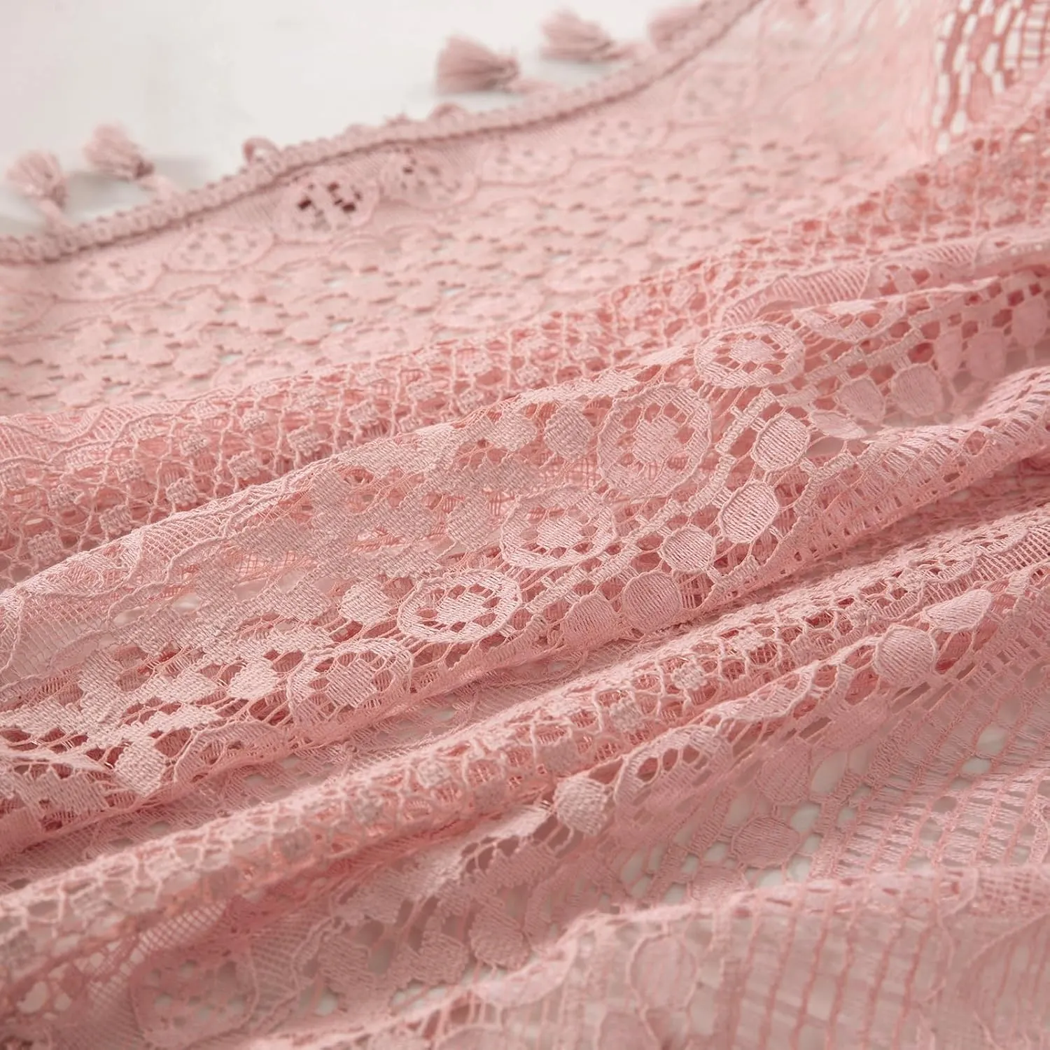 Blush Pink Curtains 2 Panels 84 Inches Long Cotton Crochet Lace Sheer Curtain Cute Soft Baby Pink Curtains for Girls Room Nursery Living Room,Rod Pocket Tassel Semi Sheer Drapes,Dusty Grey Pink