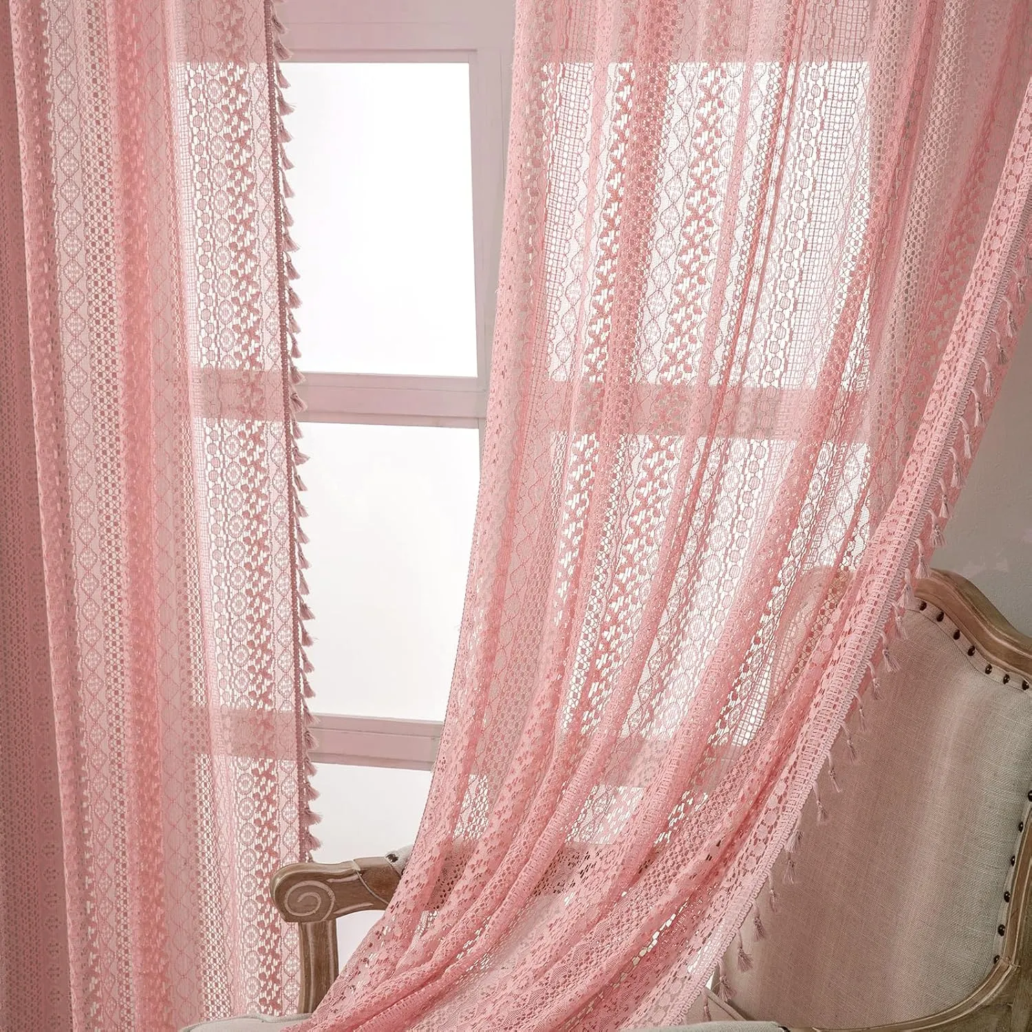 Blush Pink Curtains 2 Panels 84 Inches Long Cotton Crochet Lace Sheer Curtain Cute Soft Baby Pink Curtains for Girls Room Nursery Living Room,Rod Pocket Tassel Semi Sheer Drapes,Dusty Grey Pink