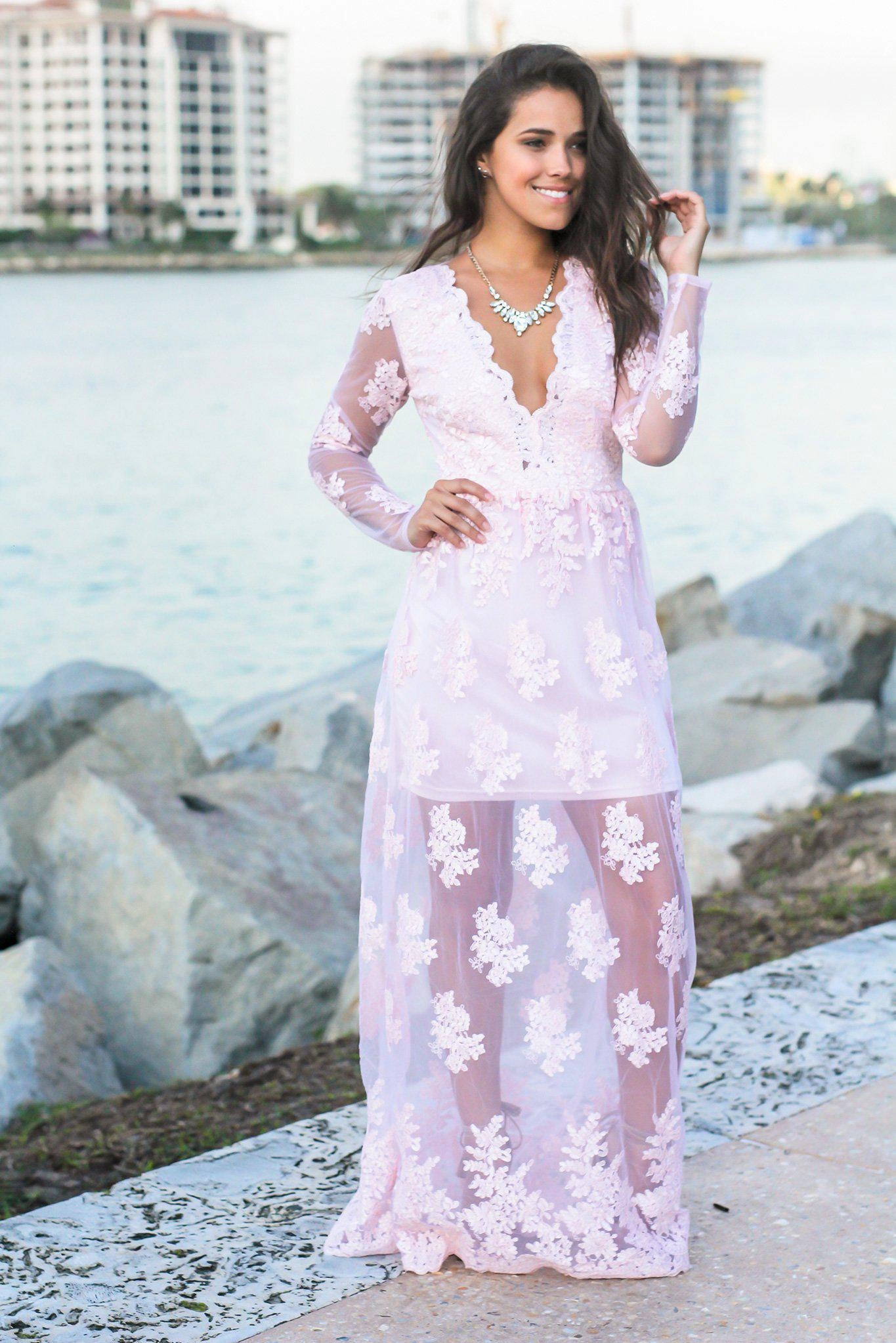 Blush Embroidered Maxi Dress with Long Sleeves