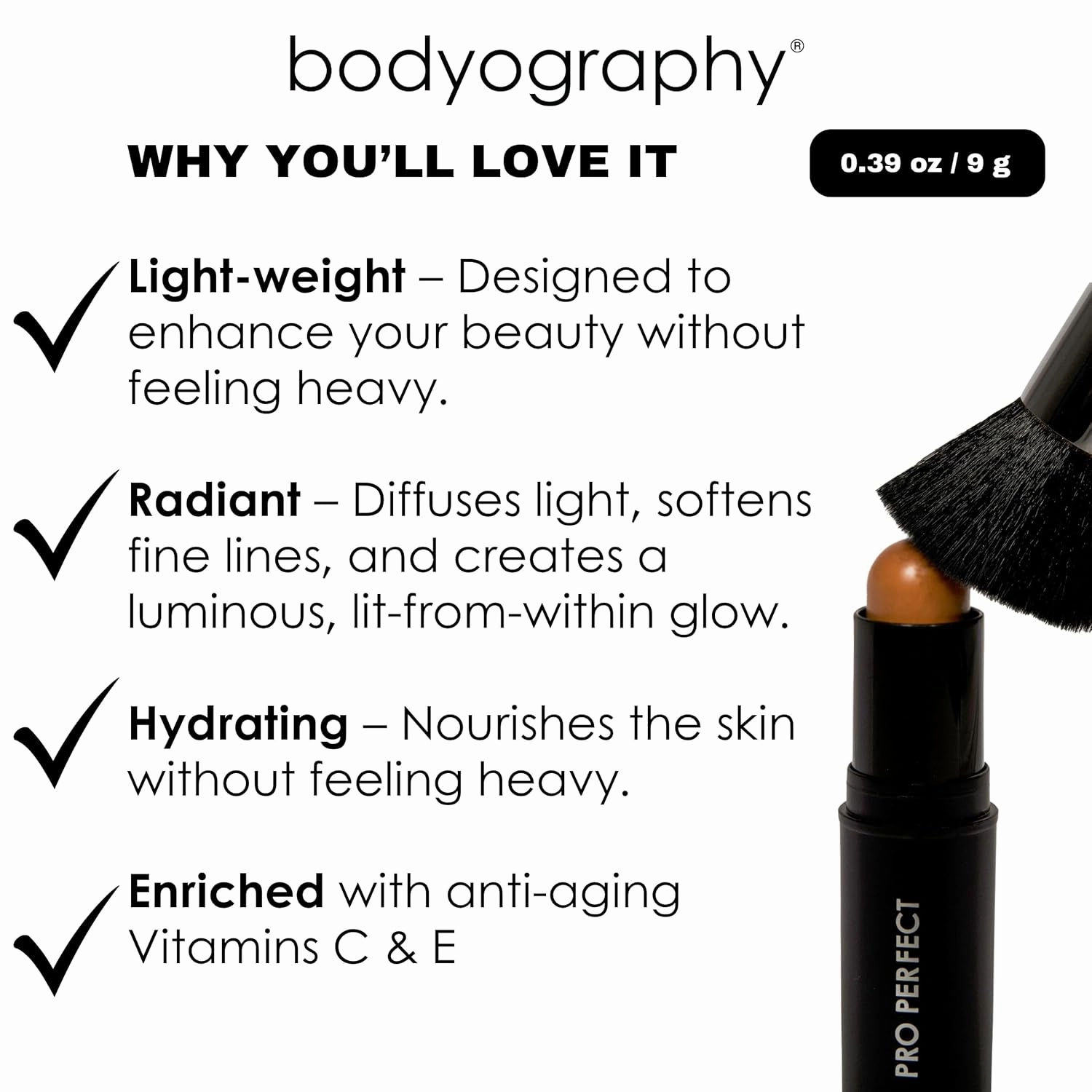 Bodyography Pro Perfect Foundation Stick - Demi-Matte Finish with A Natural Look - Enhancer for Concealing, Highlighting, and Contouring - Vitamin C & E (Honey)