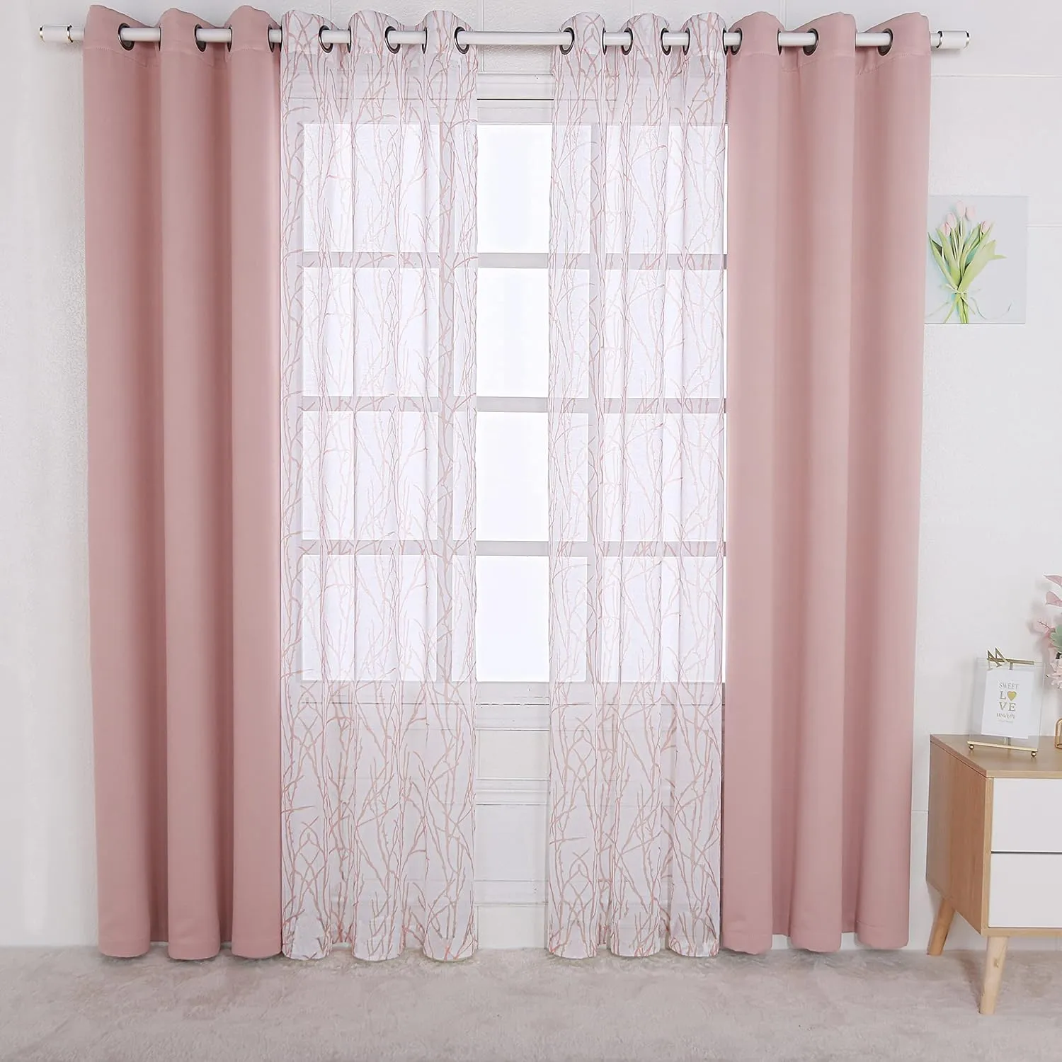 BONZER Mix and Match Curtains - 2 Pieces Branch Print Sheer Curtains and 2 Pieces Blackout Curtains for Bedroom Living Room Grommet Window Drapes, 37x84 Inch/Panel, Blush, Set of 4 Panels