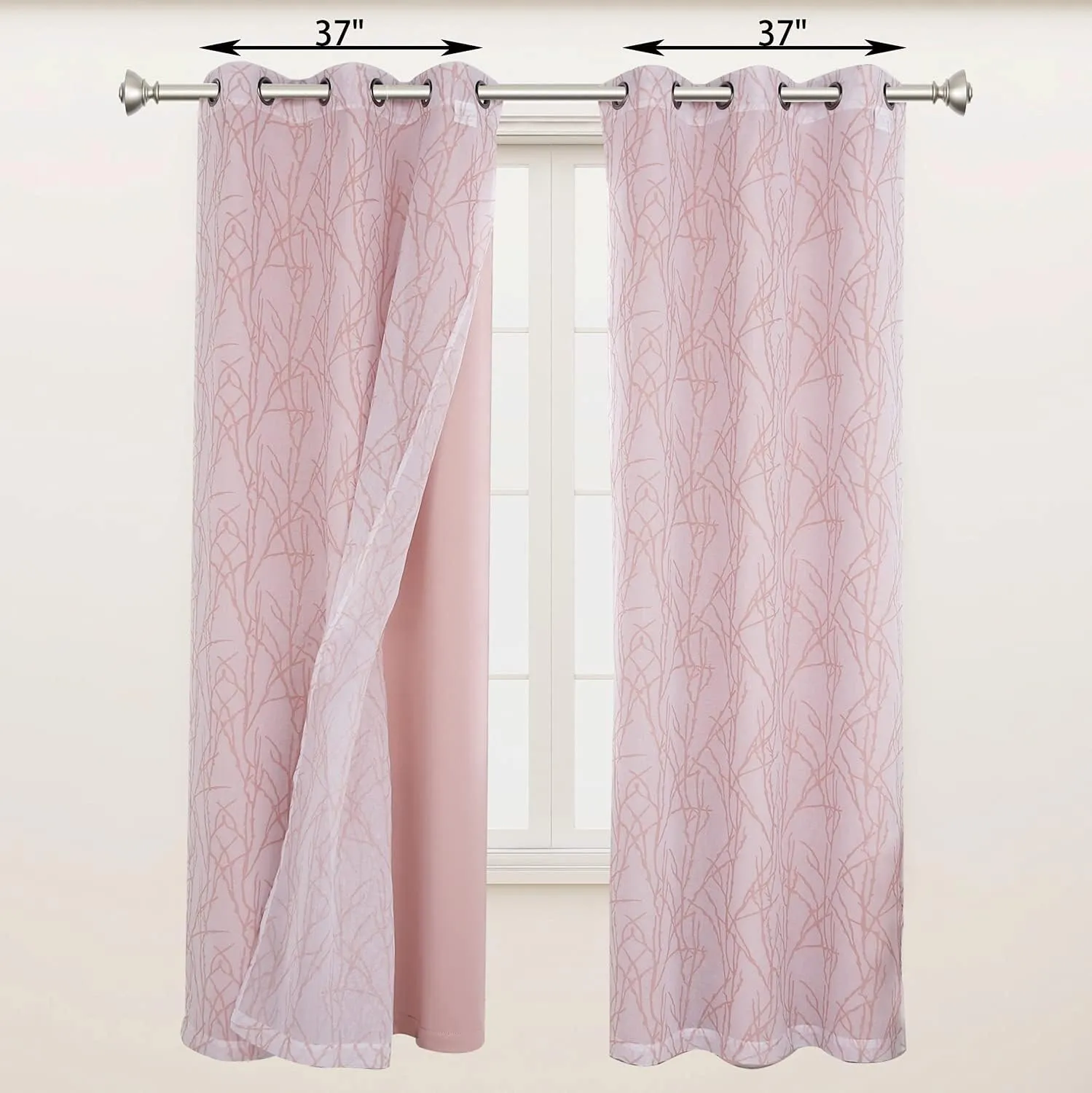 BONZER Mix and Match Curtains - 2 Pieces Branch Print Sheer Curtains and 2 Pieces Blackout Curtains for Bedroom Living Room Grommet Window Drapes, 37x84 Inch/Panel, Blush, Set of 4 Panels