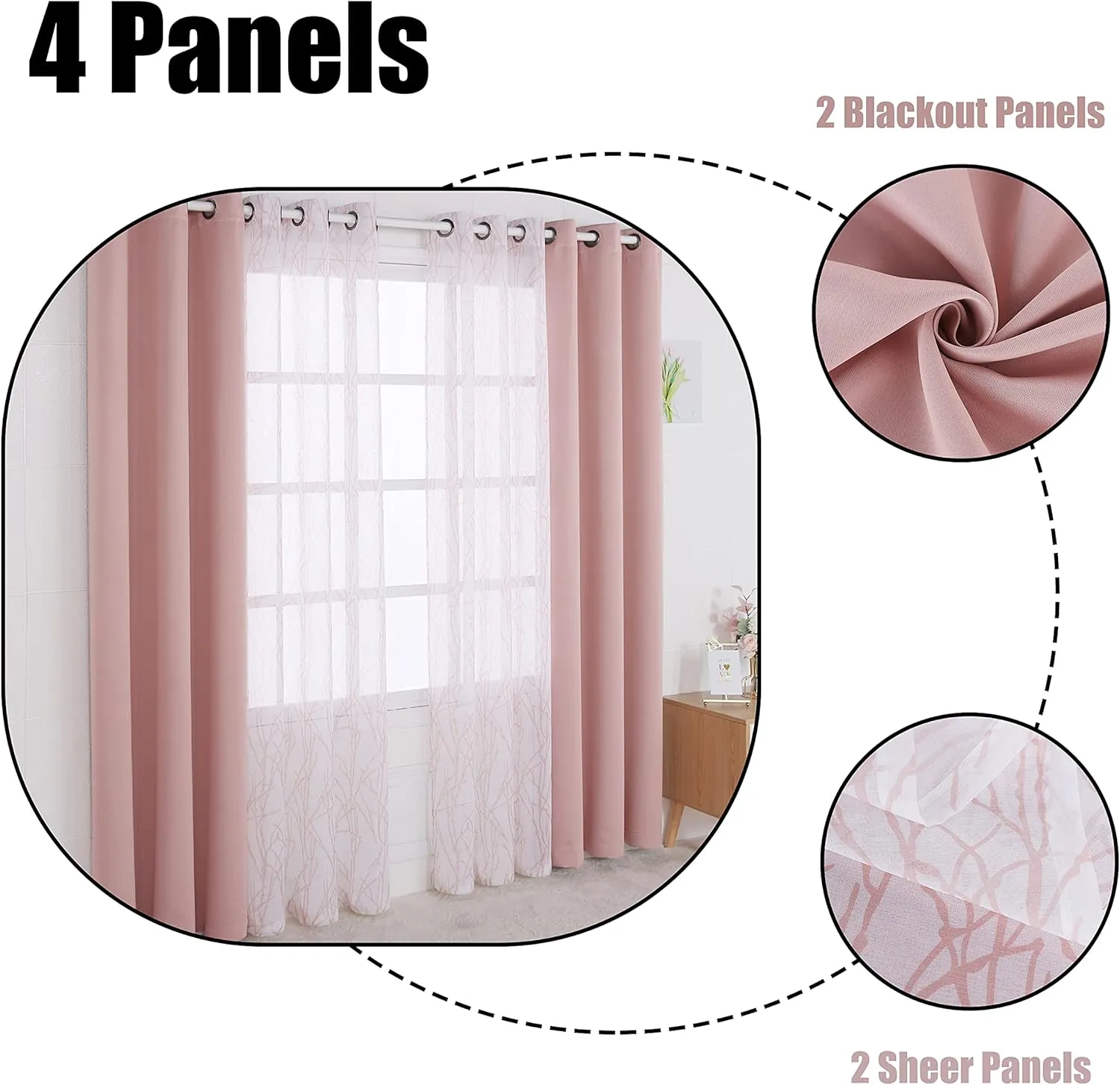 BONZER Mix and Match Curtains - 2 Pieces Branch Print Sheer Curtains and 2 Pieces Blackout Curtains for Bedroom Living Room Grommet Window Drapes, 37x84 Inch/Panel, Blush, Set of 4 Panels
