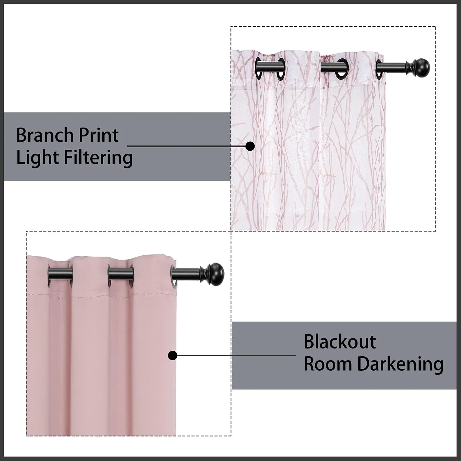 BONZER Mix and Match Curtains - 2 Pieces Branch Print Sheer Curtains and 2 Pieces Blackout Curtains for Bedroom Living Room Grommet Window Drapes, 37x84 Inch/Panel, Blush, Set of 4 Panels