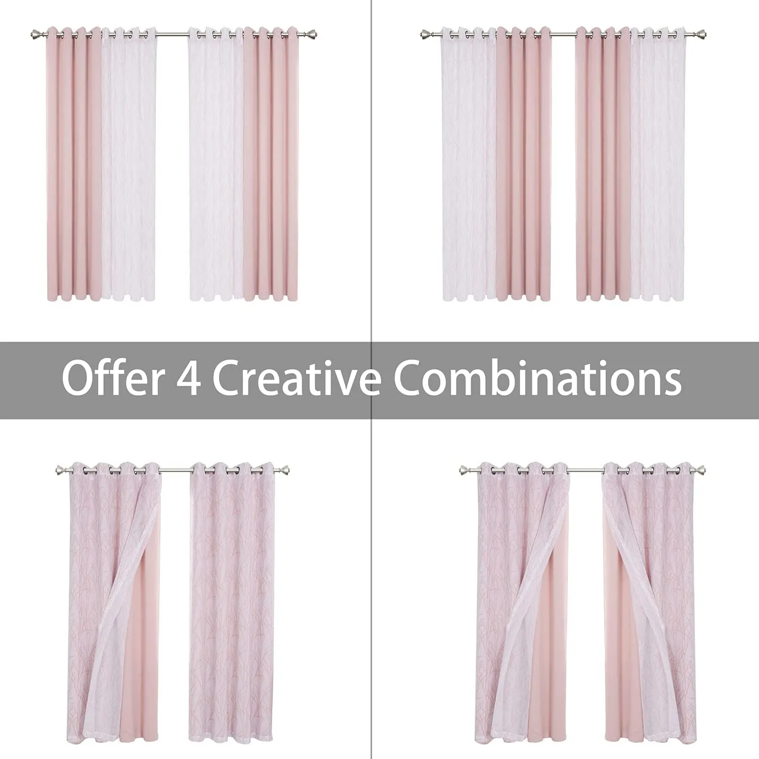 BONZER Mix and Match Curtains - 2 Pieces Branch Print Sheer Curtains and 2 Pieces Blackout Curtains for Bedroom Living Room Grommet Window Drapes, 37x84 Inch/Panel, Blush, Set of 4 Panels
