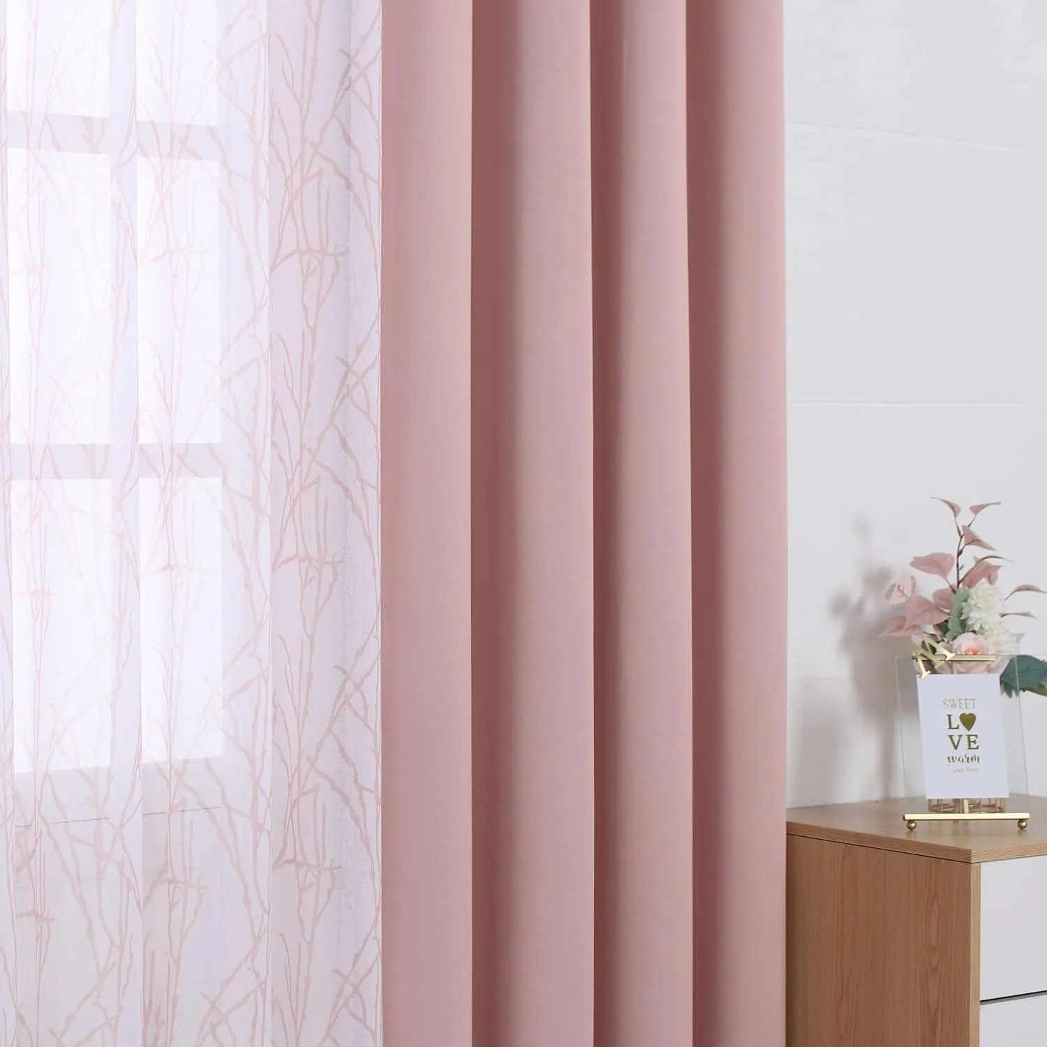 BONZER Mix and Match Curtains - 2 Pieces Branch Print Sheer Curtains and 2 Pieces Blackout Curtains for Bedroom Living Room Grommet Window Drapes, 37x84 Inch/Panel, Blush, Set of 4 Panels