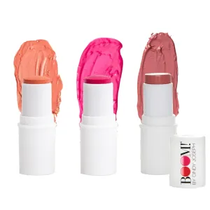 BOOM! by Cindy Joseph Boomstick Cheek and Lip Trio - 3 Pack Vegan Makeup Sticks - Blush Sticks in Rose Nude, Peony Pink & Golden Peach - A Shade for Every Mood, Occasion, or Season